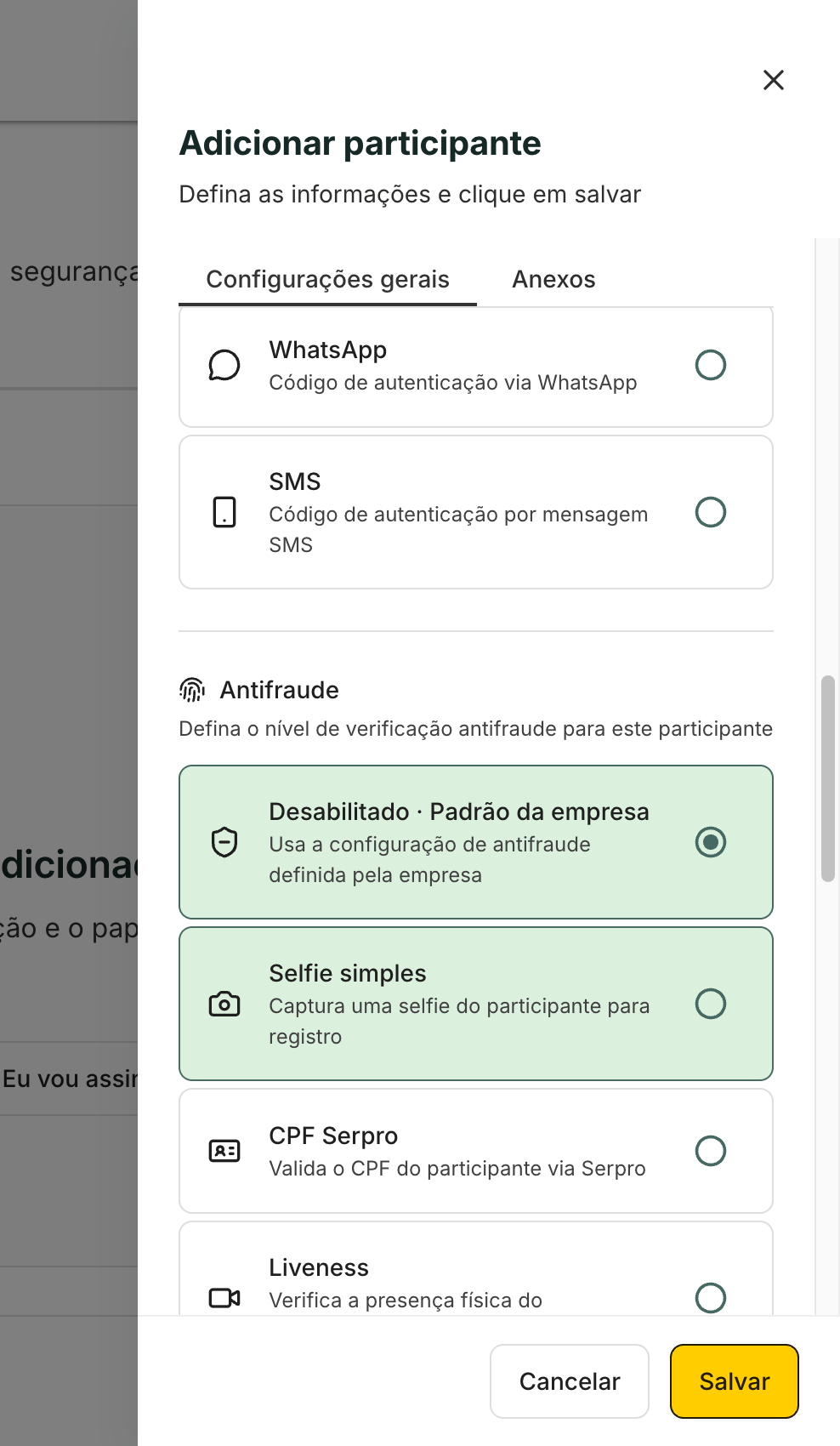 O campo Antifraude do participante mostra o padrão da empresa e as outras verificações disponíveis.