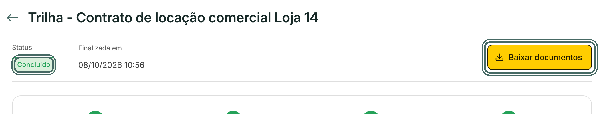 Com a operação concluída, o botão Baixar documentos fica no topo da tela da operação.