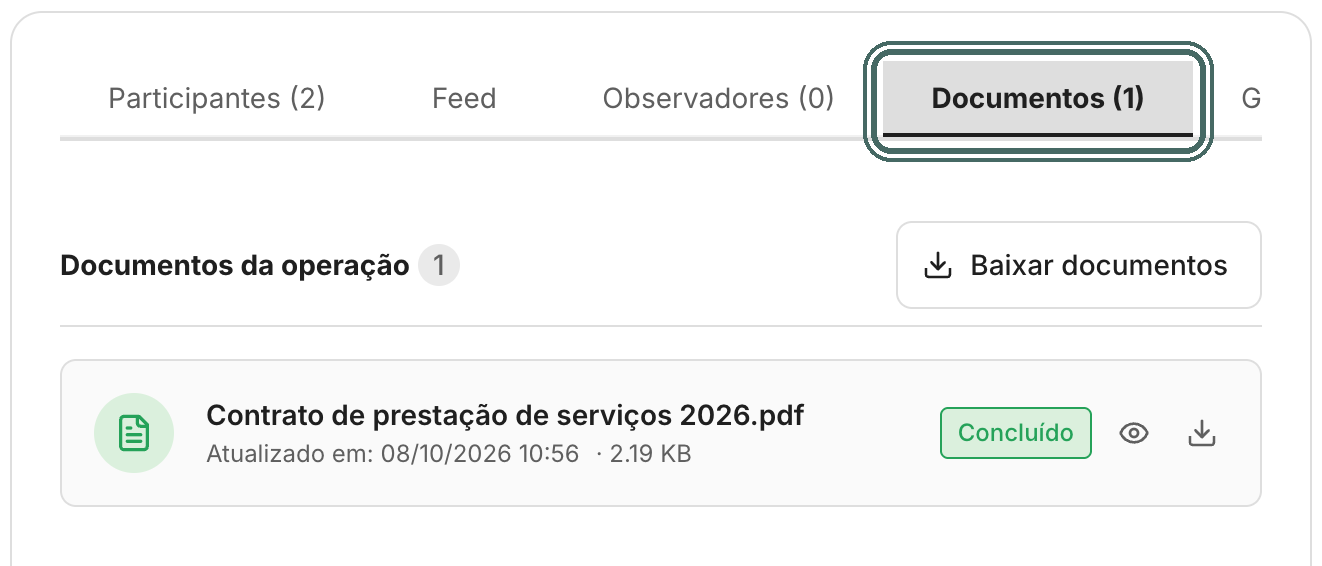 Na aba Documentos, cada arquivo assinado pode ser visto ou baixado.