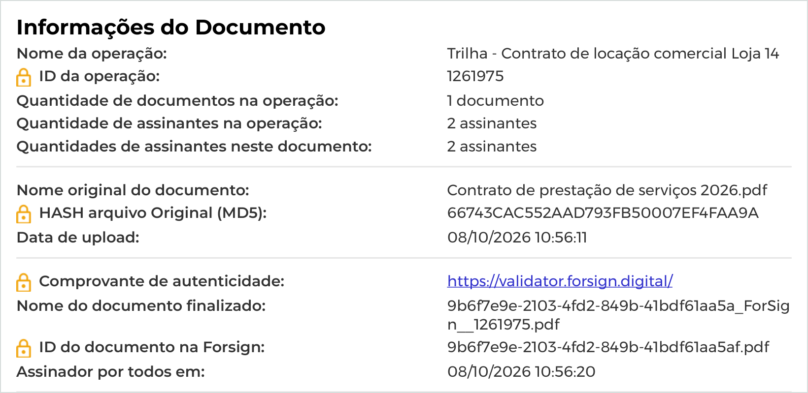 Informações do Documento, com o hash MD5 do original e o link de autenticidade.