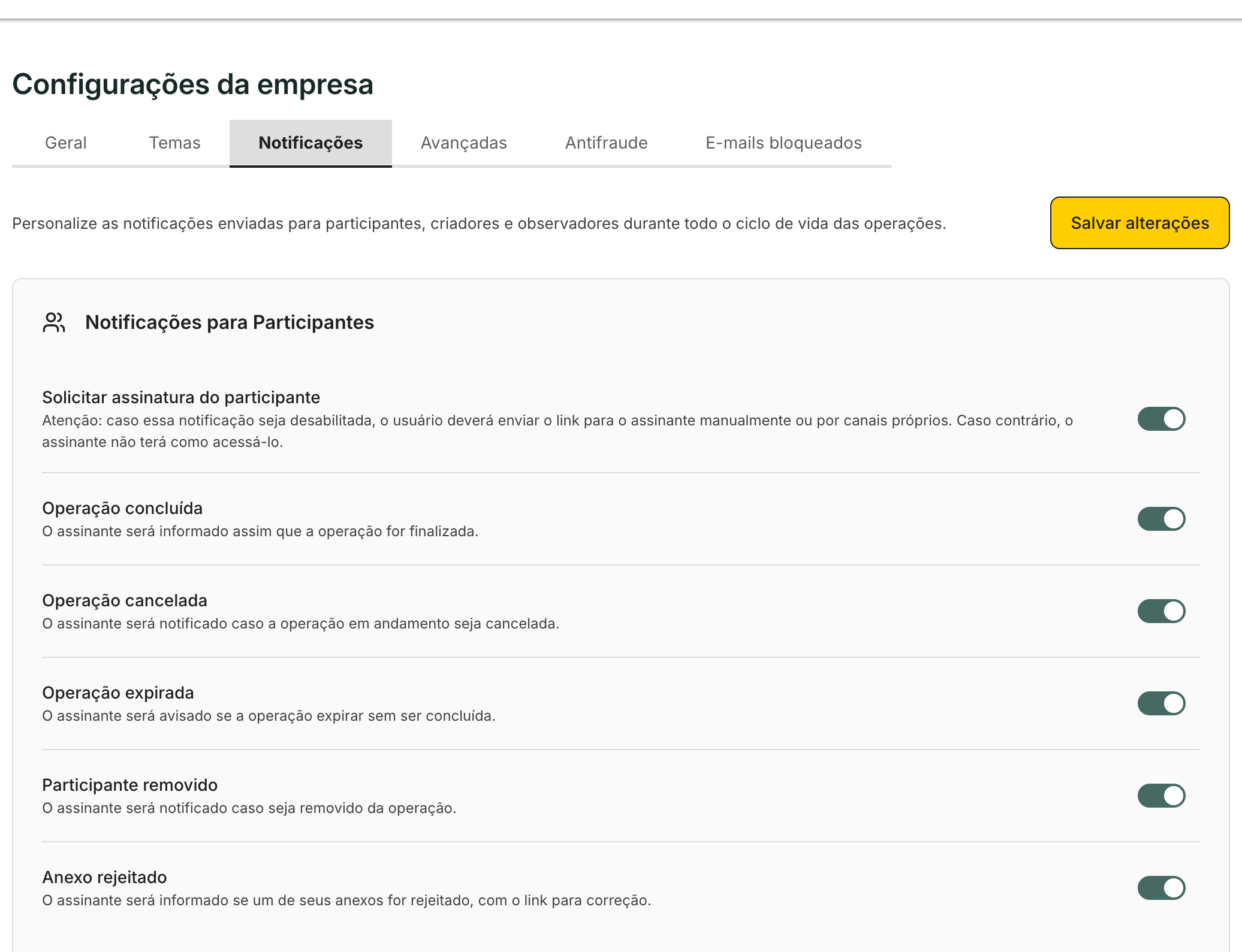 A aba Notificações tem uma chave para cada aviso.