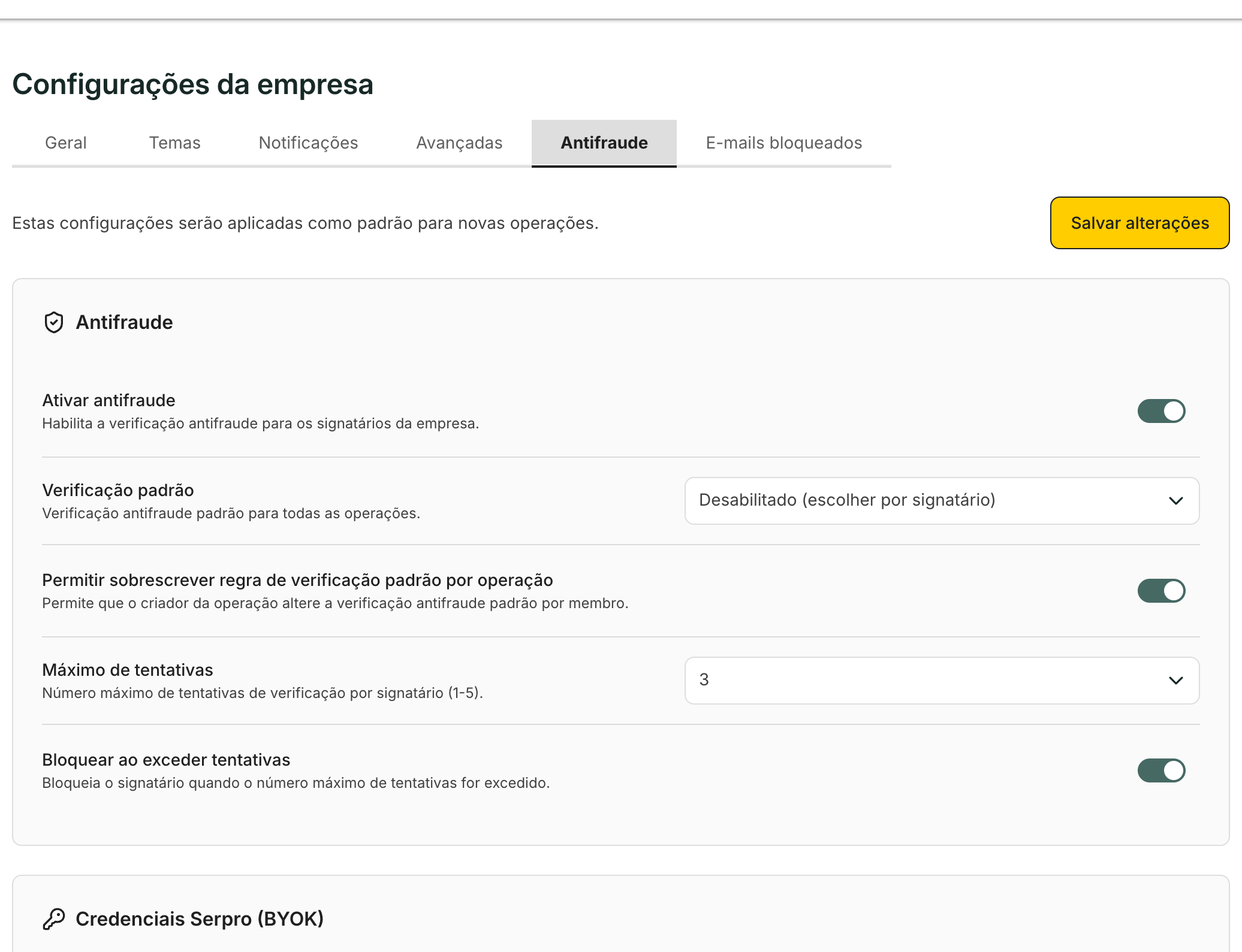 A aba Antifraude define a verificação padrão das operações novas.