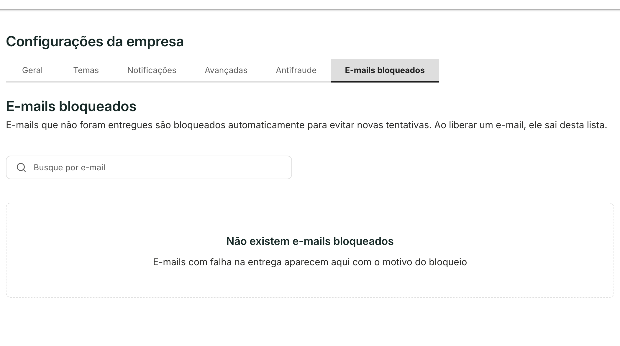 A aba E-mails bloqueados lista os endereços com falha de entrega.