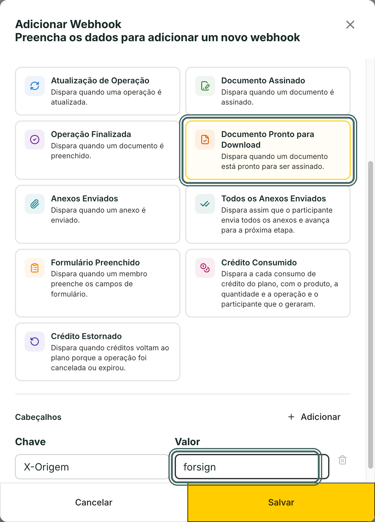 Escolha o tipo de evento e, se o seu sistema pedir, inclua cabeçalhos com Chave e Valor.