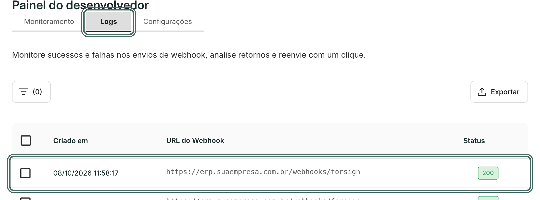 A aba Logs lista cada envio, com data, URL e o código de status que o seu sistema respondeu.