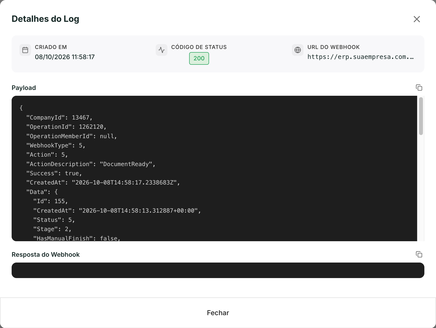 Detalhes do Log mostra o código de status, a URL, o payload enviado e a resposta recebida.
