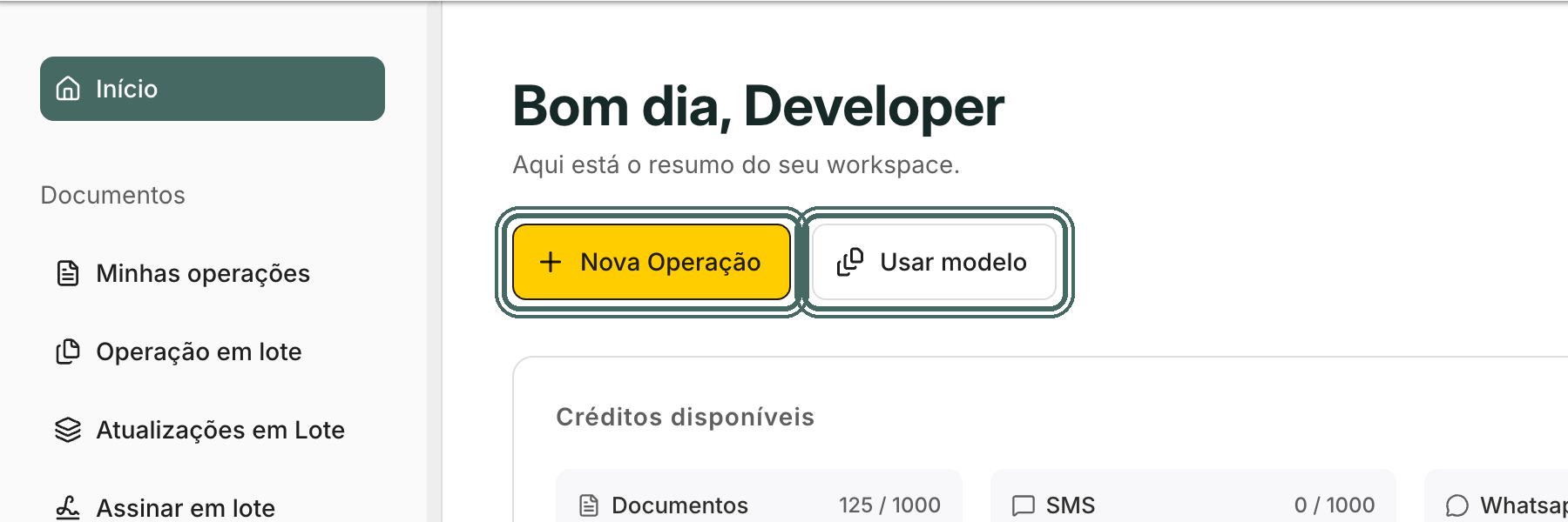Nova Operação e Usar modelo ficam logo abaixo da saudação.