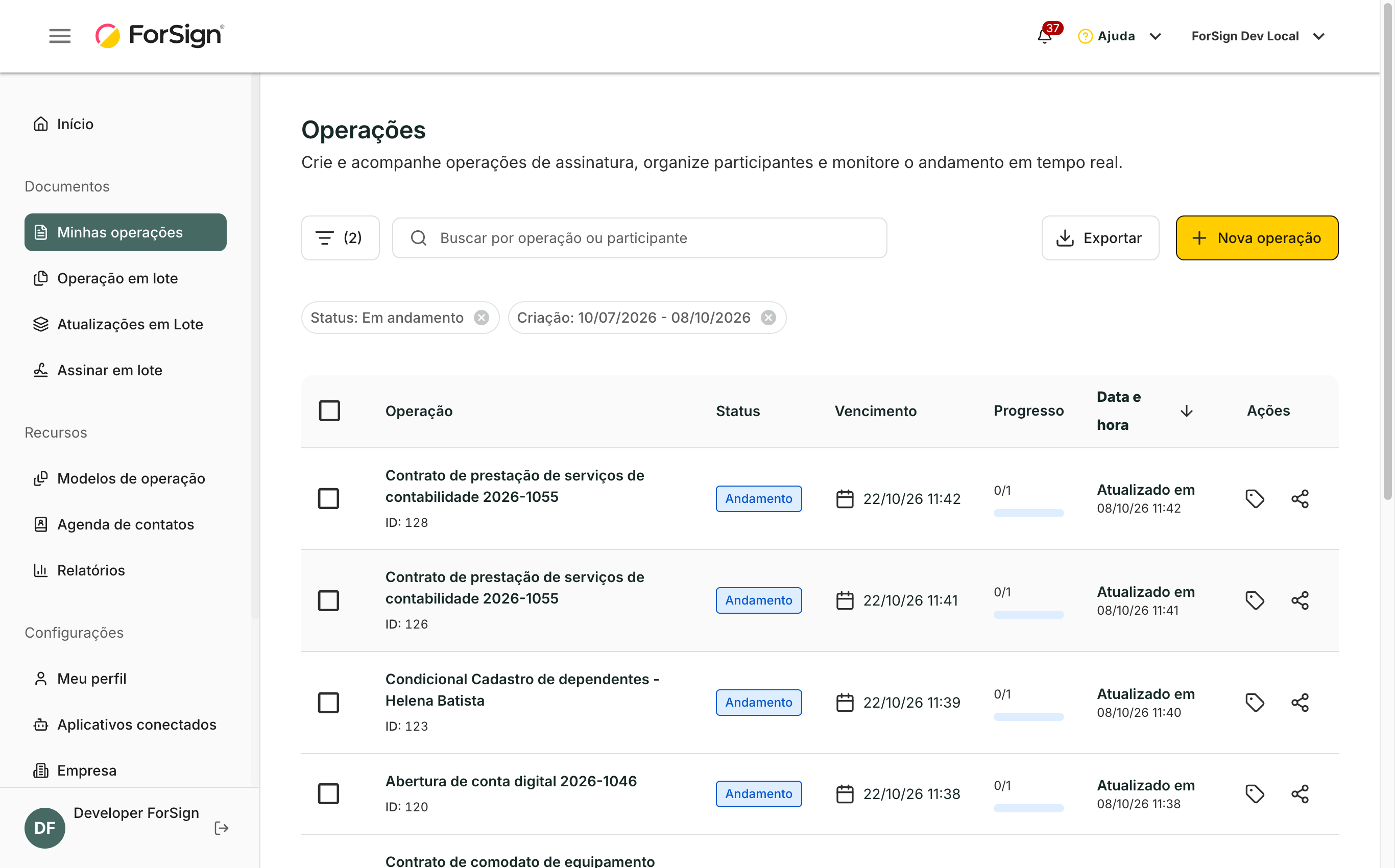 A lista abre com os filtros de status e de criação já aplicados.