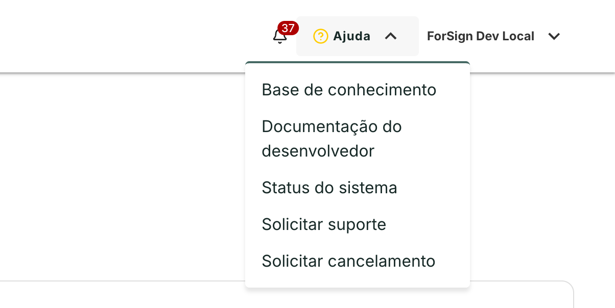 O botão Ajuda abre as opções de suporte.