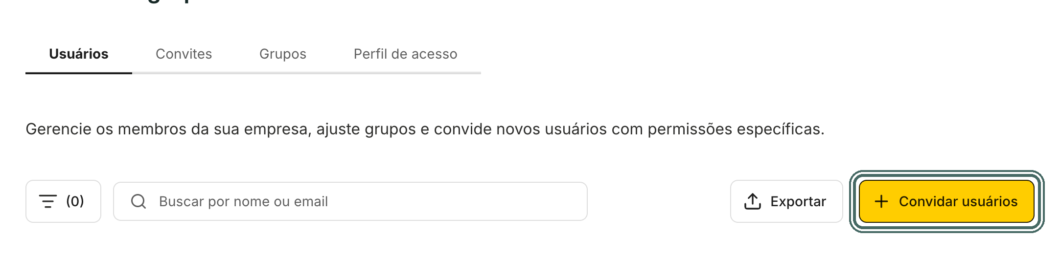 O botão Convidar usuários fica no canto direito da aba Usuários.