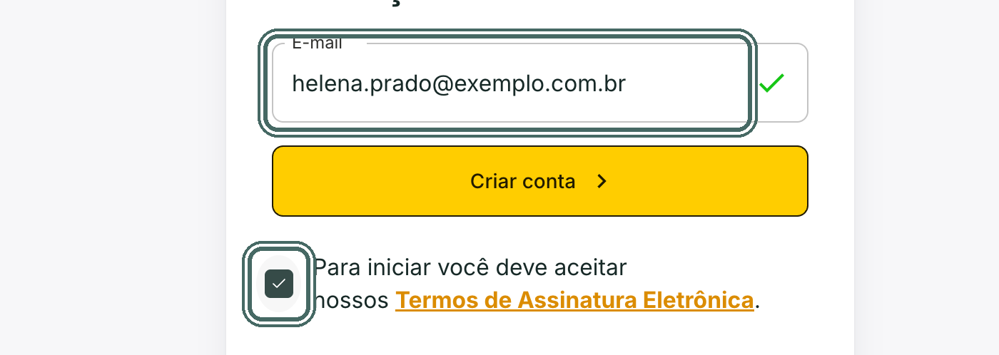 O botão Criar conta só fica disponível depois do aceite dos termos.