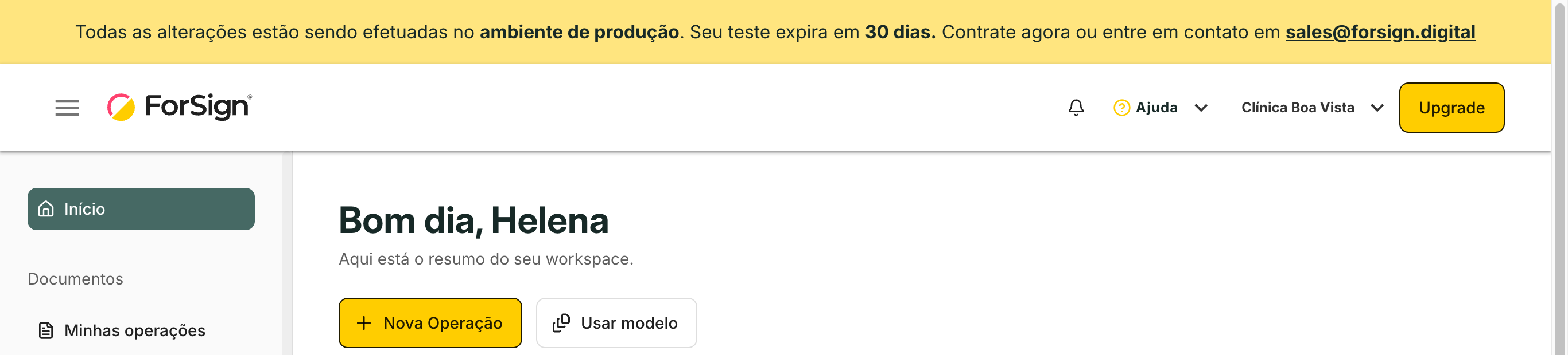 A faixa do topo mostra os dias que restam do teste.