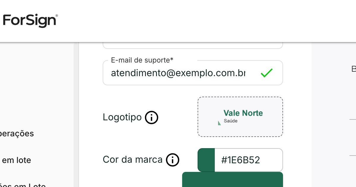 Nome, e-mail de suporte, logotipo e cor aparecem nos e-mails da operação.