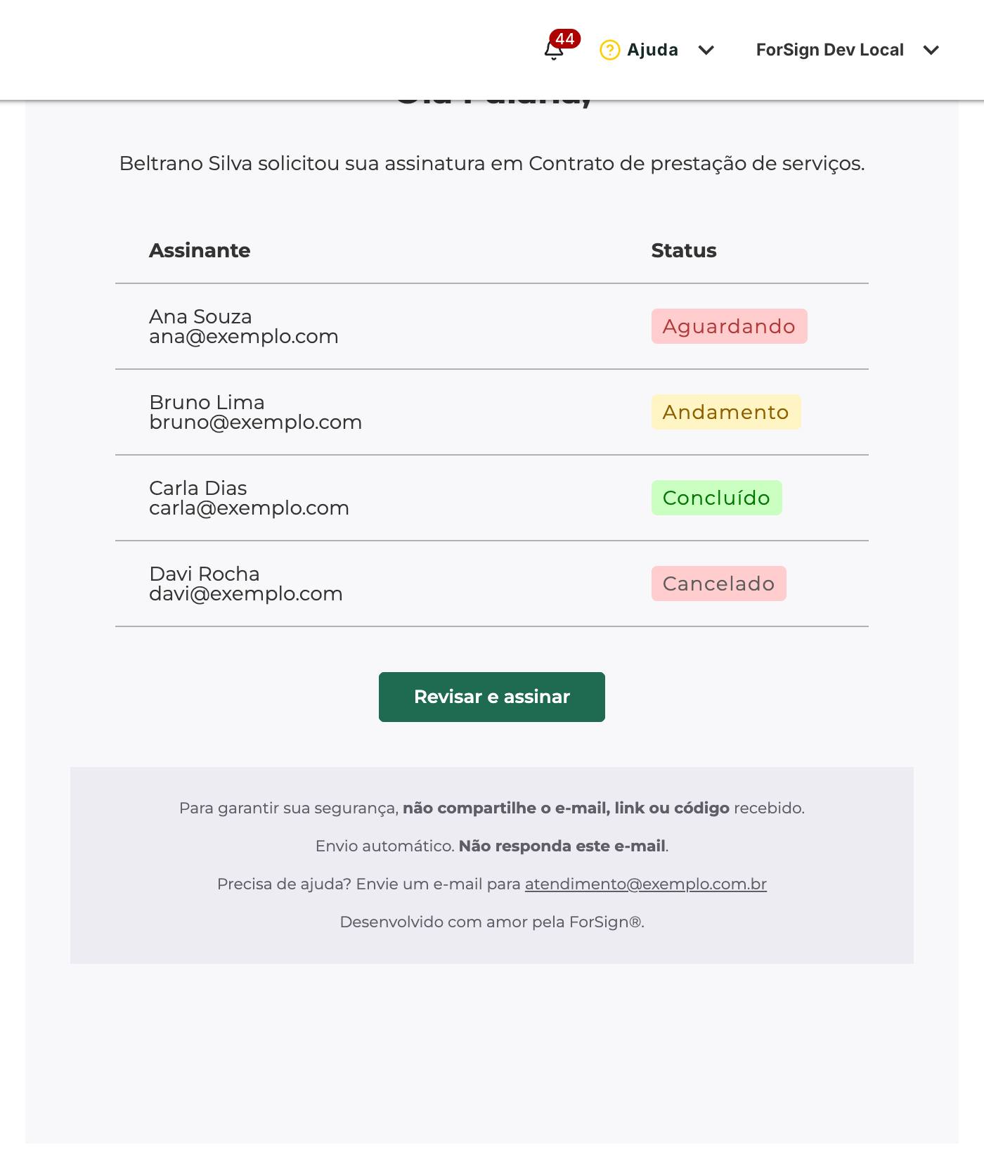 A Simulação mostra o e-mail com a marca nova, com dados de exemplo.