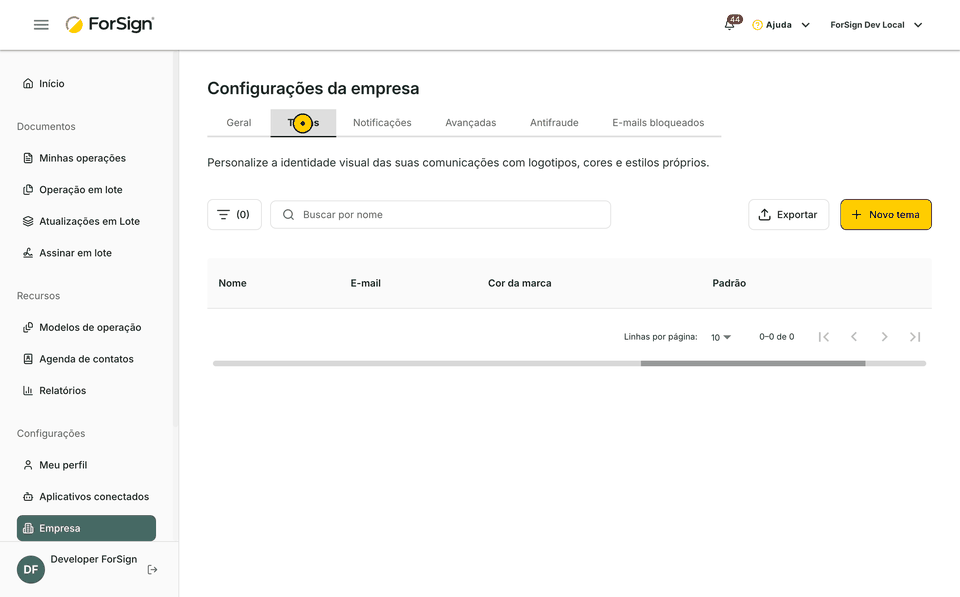 Do botão Novo tema até o formulário preenchido