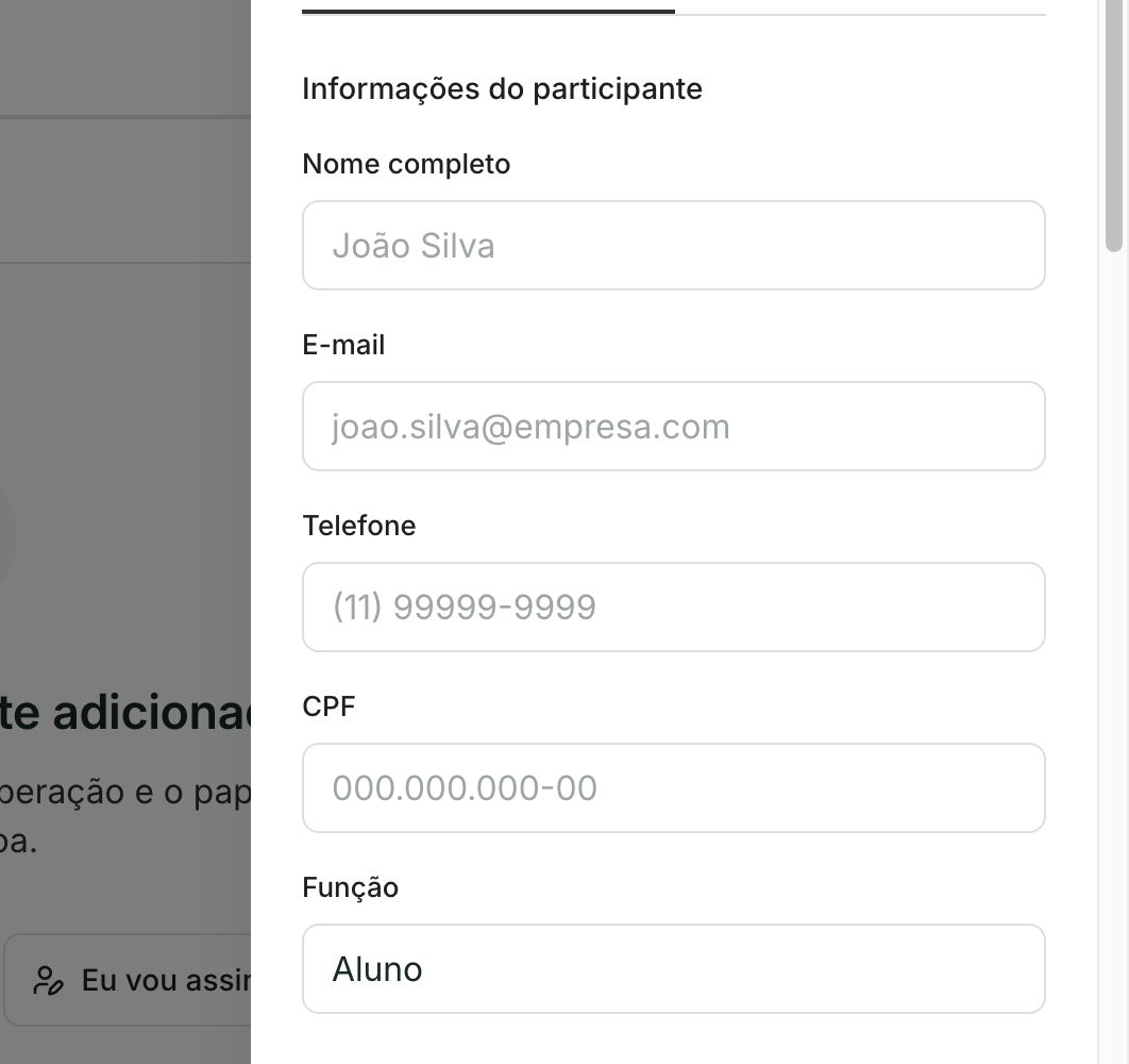 No modelo, o participante pode ficar só com a Função. Nome e e-mail entram na hora de usar o modelo.