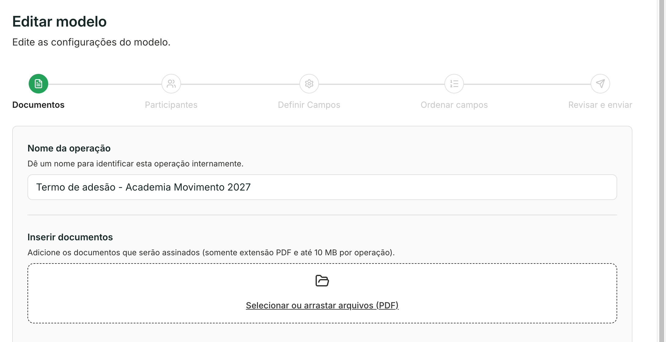 Editar modelo abre o mesmo assistente, com tudo preenchido. Aqui o nome ganhou o ano.