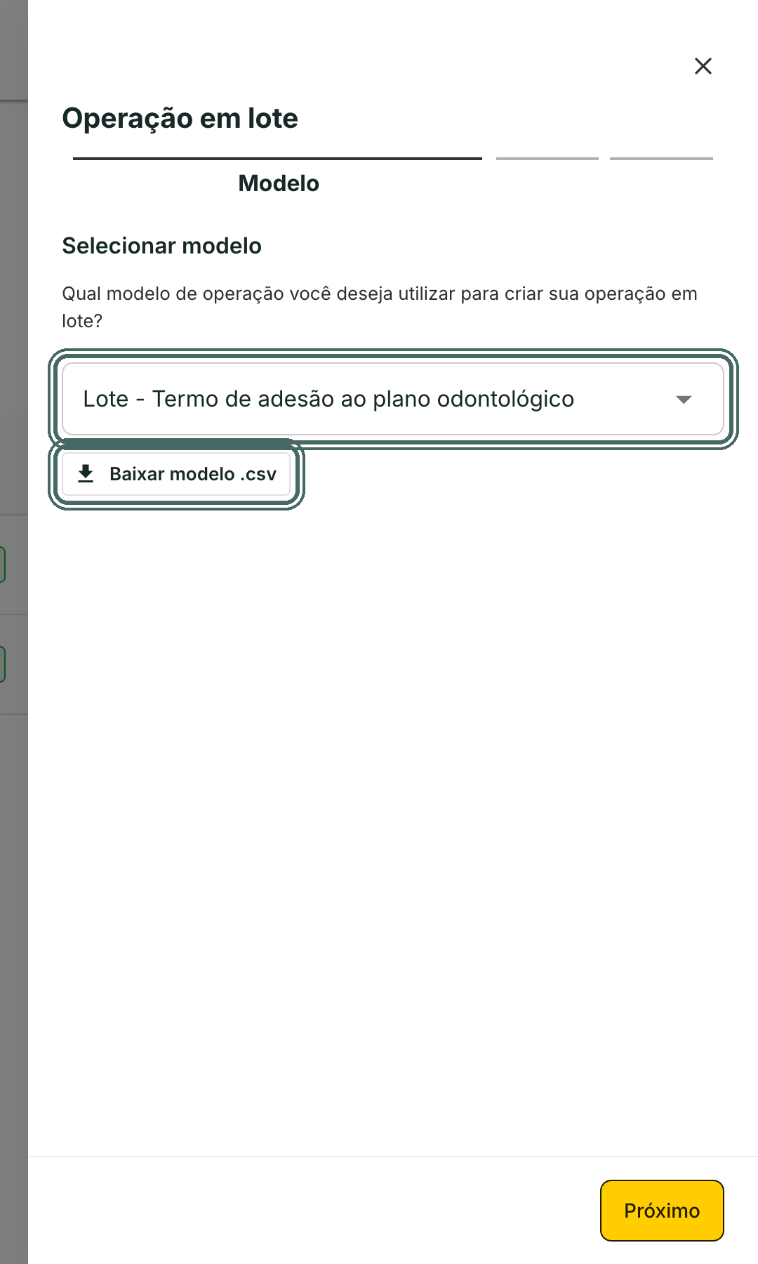 Escolha o modelo. Baixar modelo .csv entrega a planilha com as colunas certas para ele.