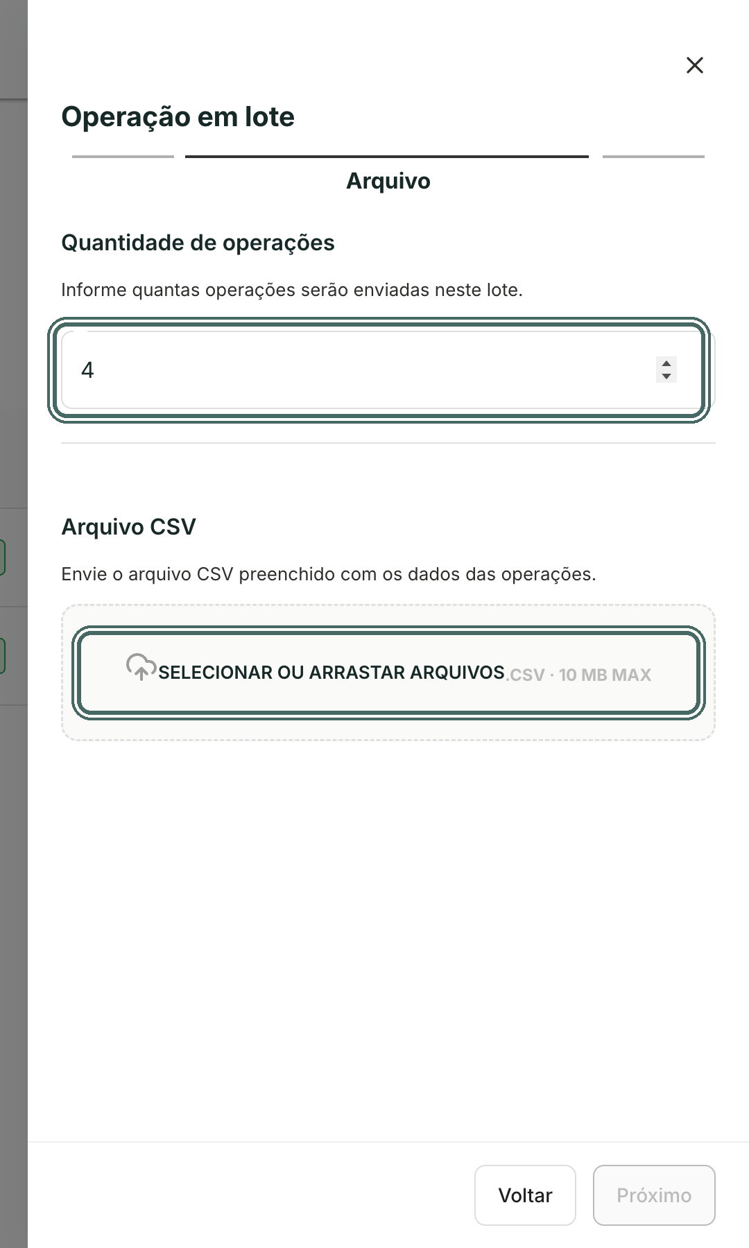 Informe quantas operações o lote tem e envie o CSV preenchido.