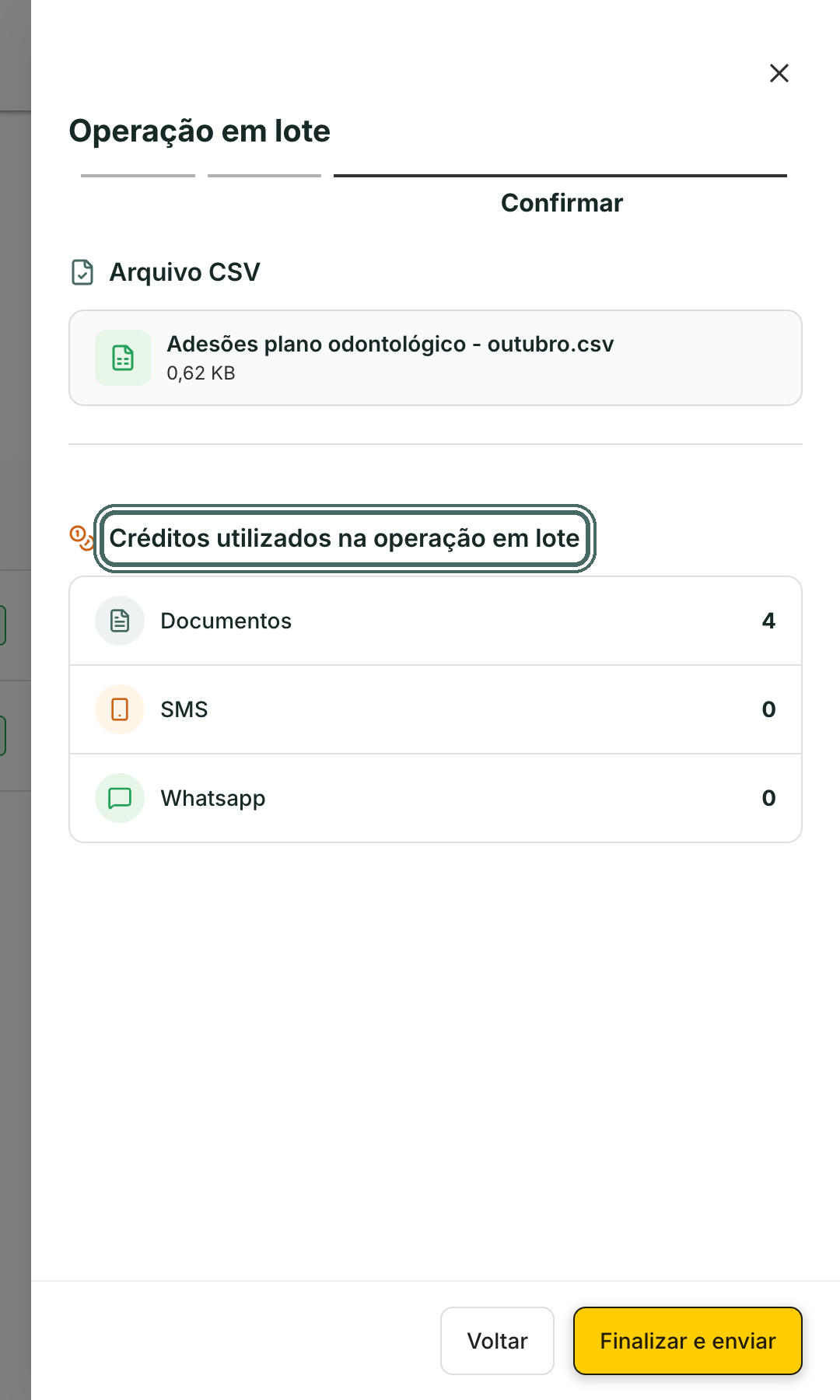 Confirmar mostra os créditos que o lote vai usar antes do envio.