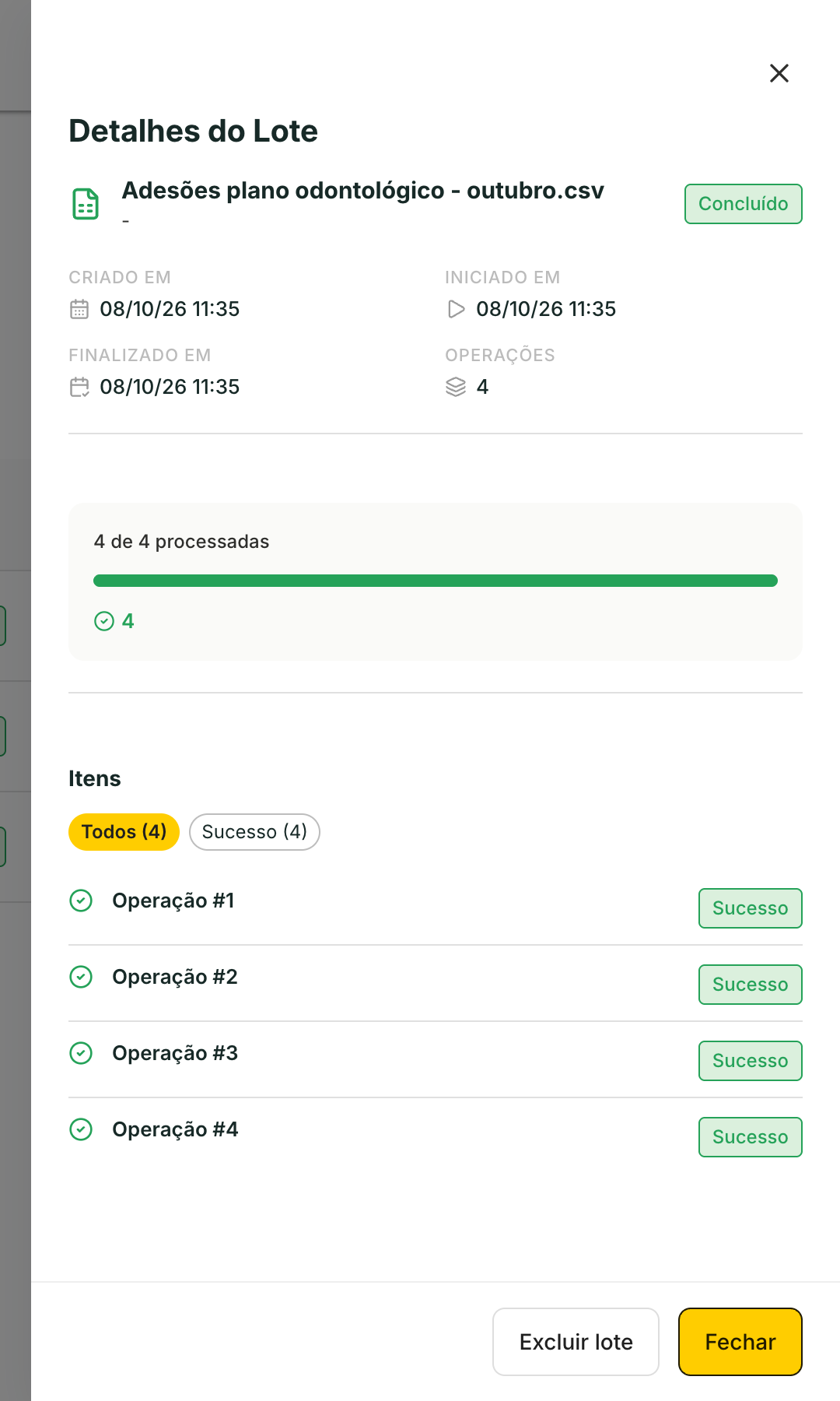 O acompanhamento do lote mostra quantas operações deram certo, falharam ou estão pendentes.