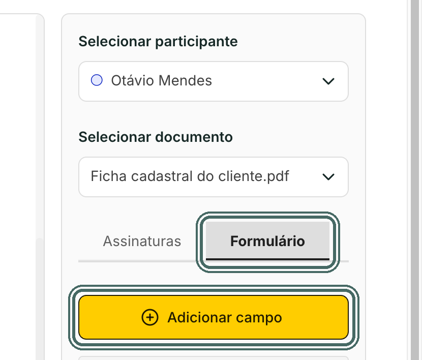 A aba Formulário fica ao lado de Assinaturas, no painel à direita do documento.