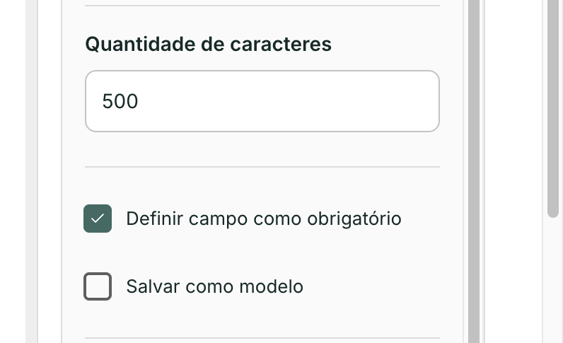 A caixa Definir campo como obrigatório fica no fim do painel, junto de Salvar como modelo.