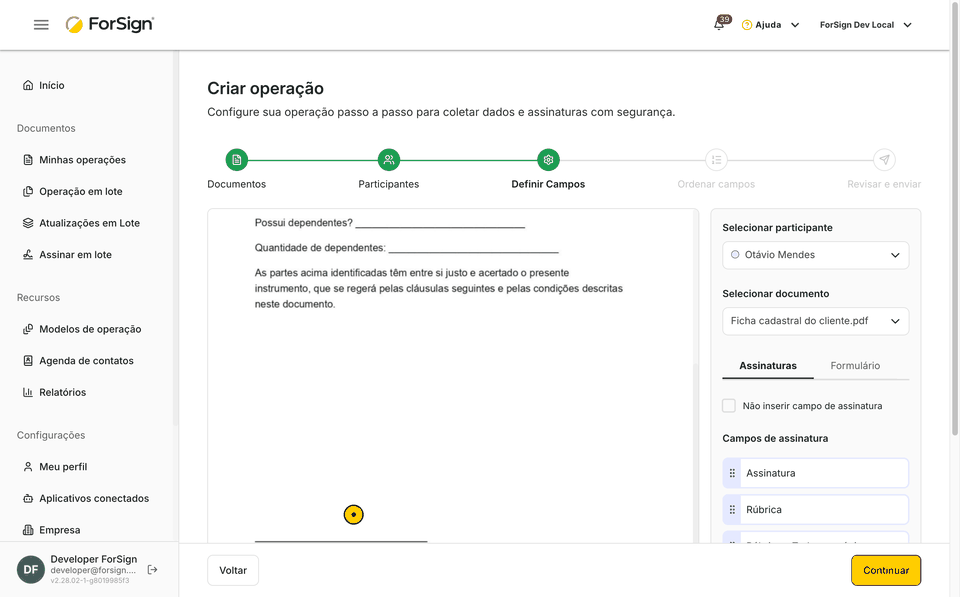 Da aba Formulário até a revisão do formulário