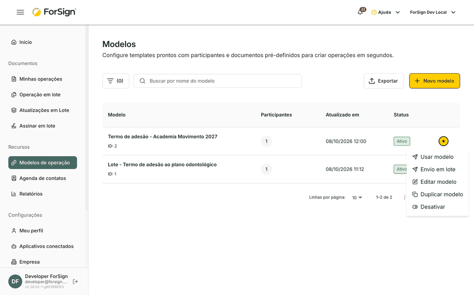 Do menu do modelo até a operação criada