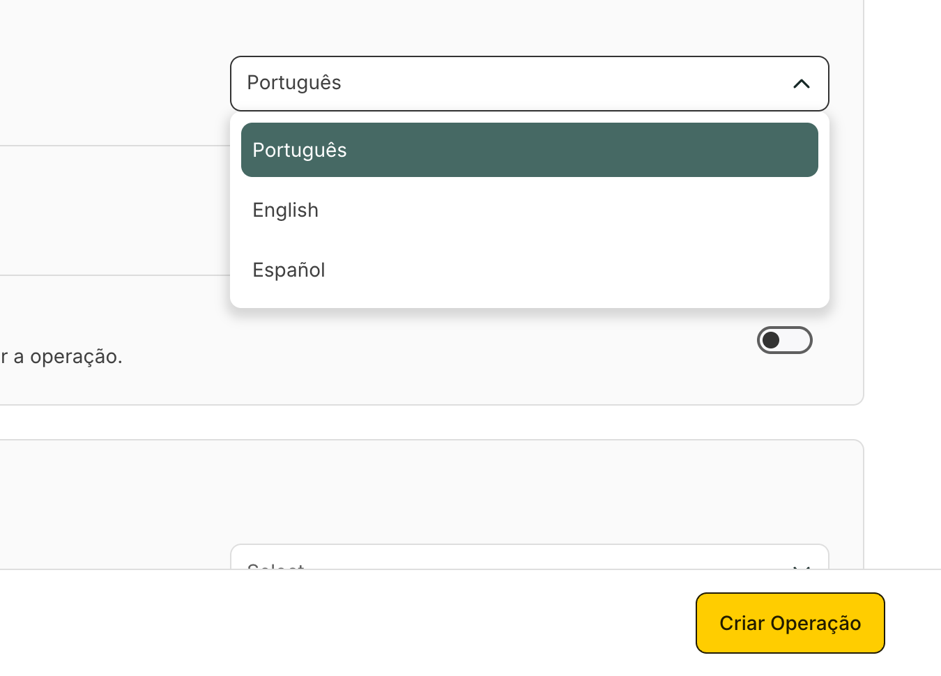 Em Selecionar idioma de preferência, escolha Português, English ou Español.