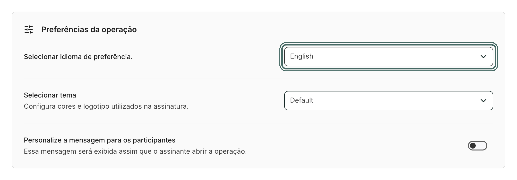 Com English, o e-mail, a página de assinatura e os textos do documento final saem em inglês.
