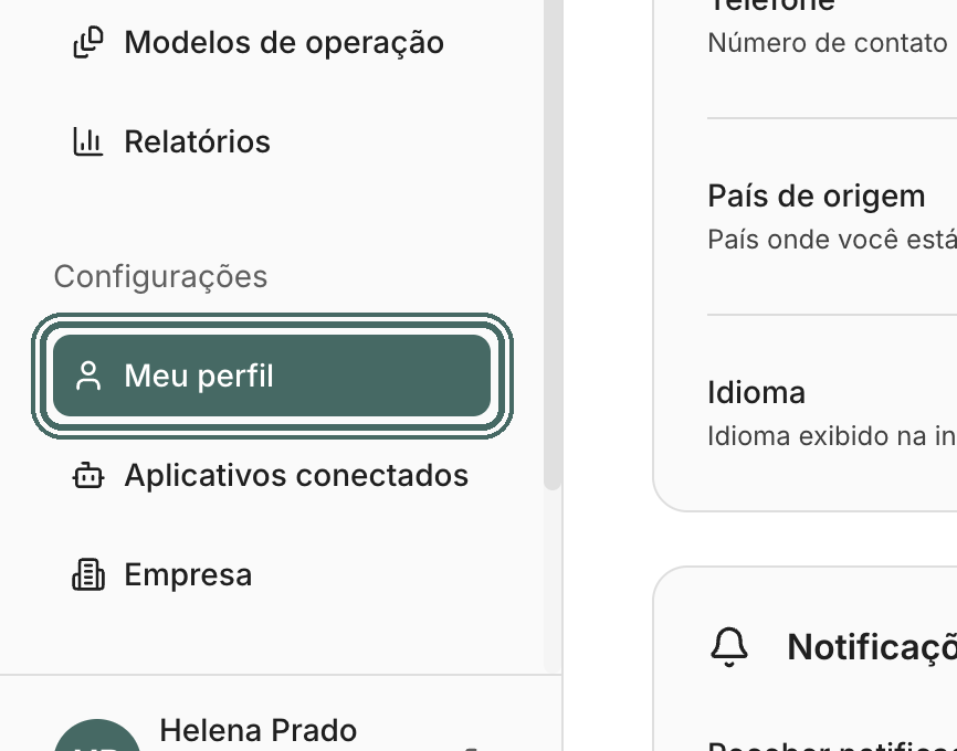 Meu perfil fica no bloco Configurações do menu lateral.