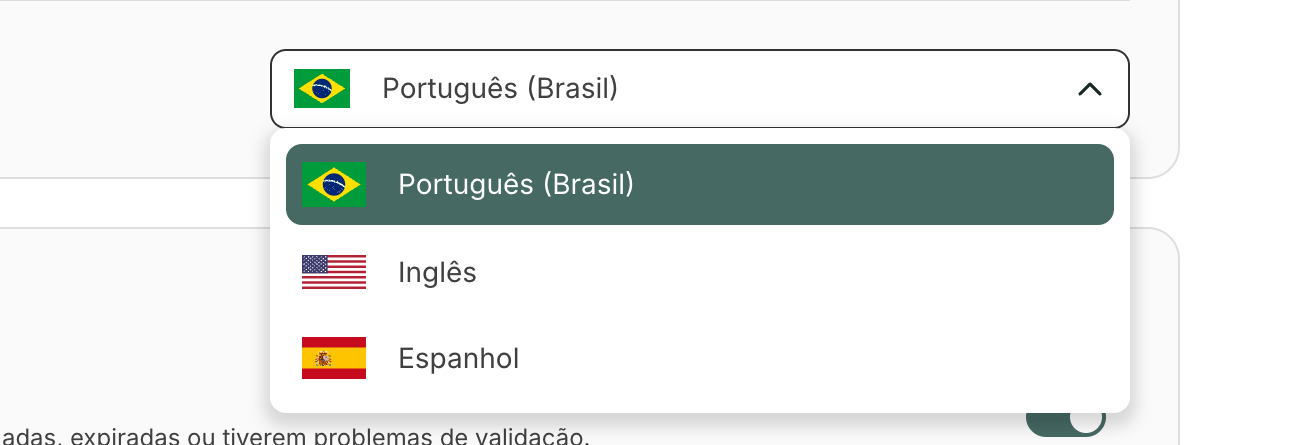 O campo Idioma oferece português, inglês e espanhol.