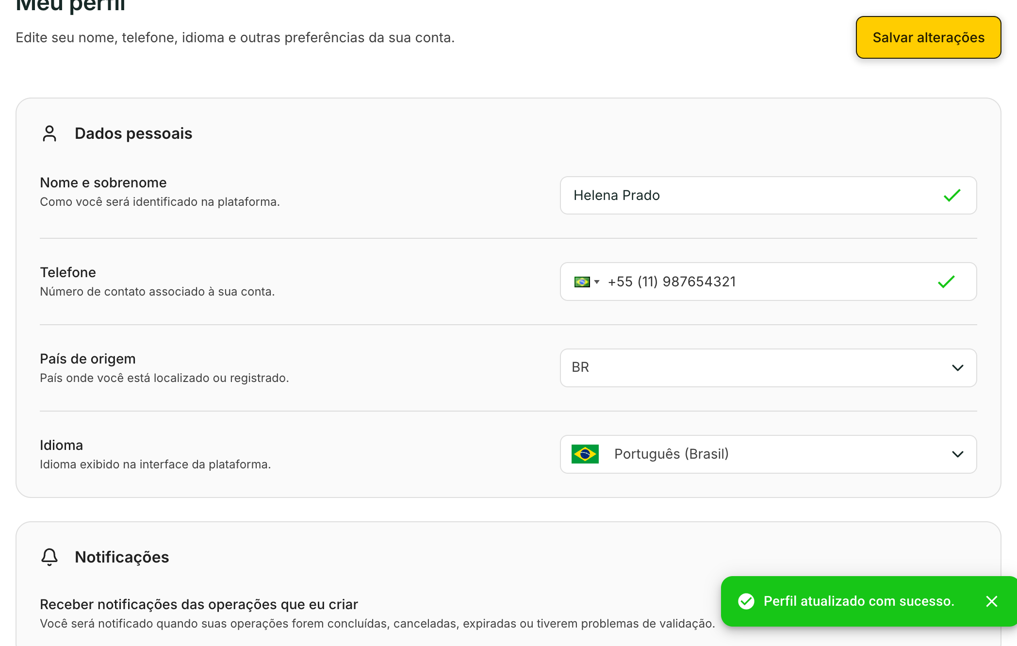 A chave de notificações vale para as operações que você cria.