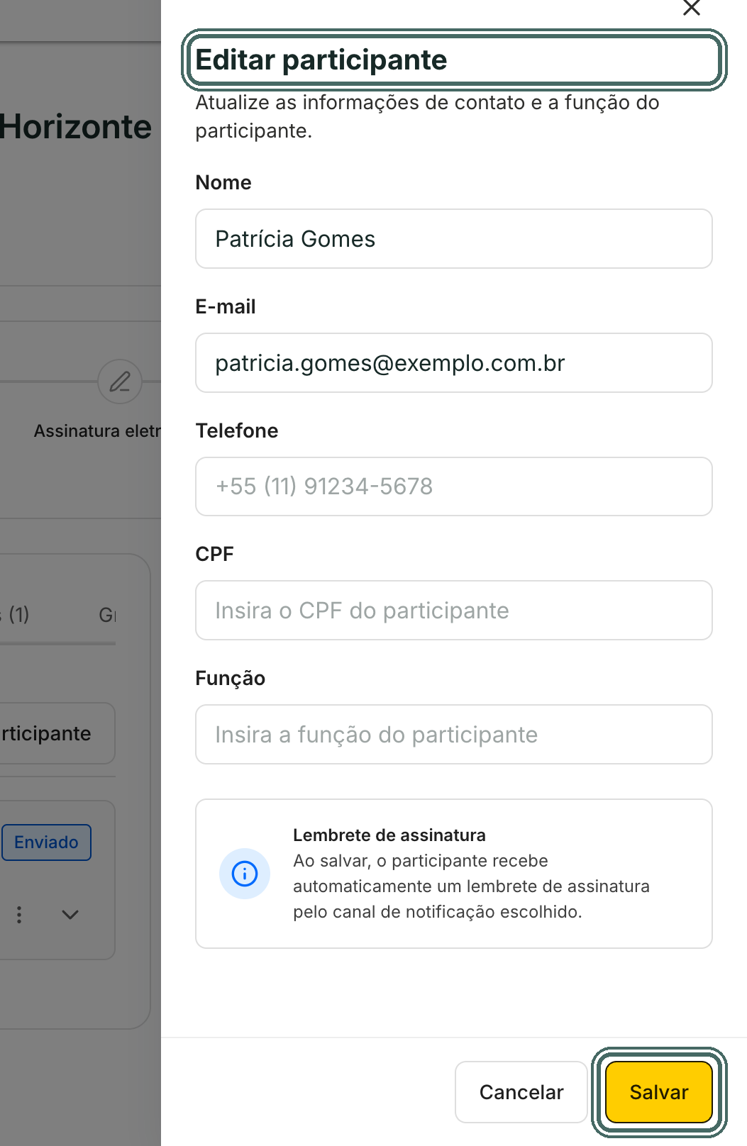 O painel Editar participante traz nome, e-mail, telefone, CPF e função.