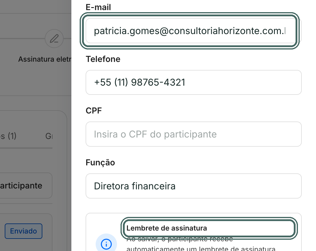 Corrija o que precisar. O aviso Lembrete de assinatura lembra que o participante recebe o link ao salvar.