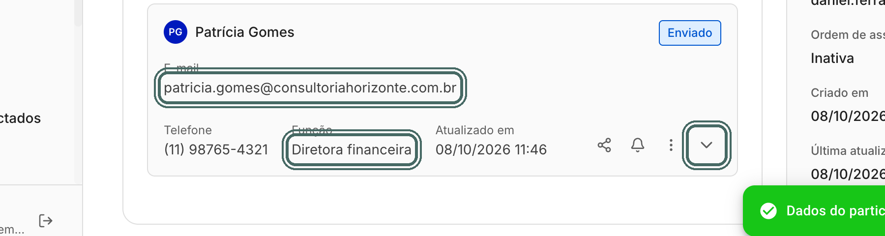 O card passa a mostrar o e-mail, o telefone e a função novos.