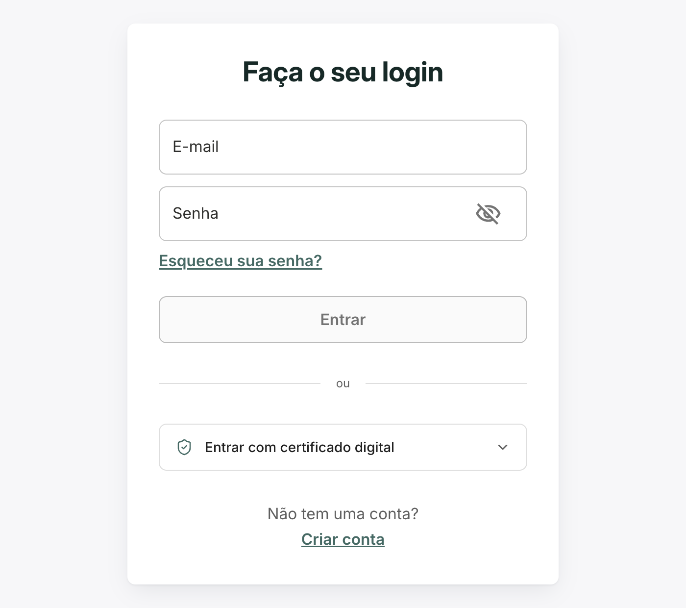 A tela reúne a entrada por e-mail e senha e a entrada por certificado digital.