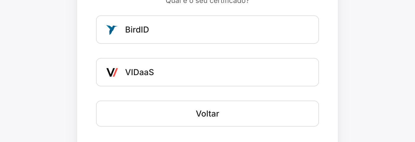 As opções de certificado em nuvem aparecem no lugar do botão.