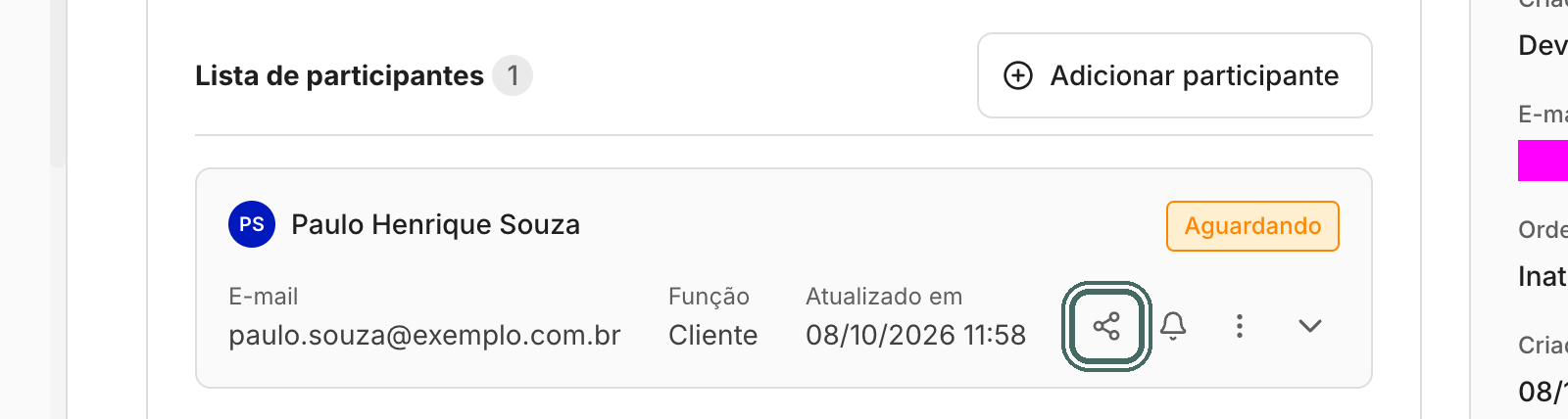 O participante criado sem notificação aparece normalmente na lista. O ícone de compartilhar fica no cartão dele.