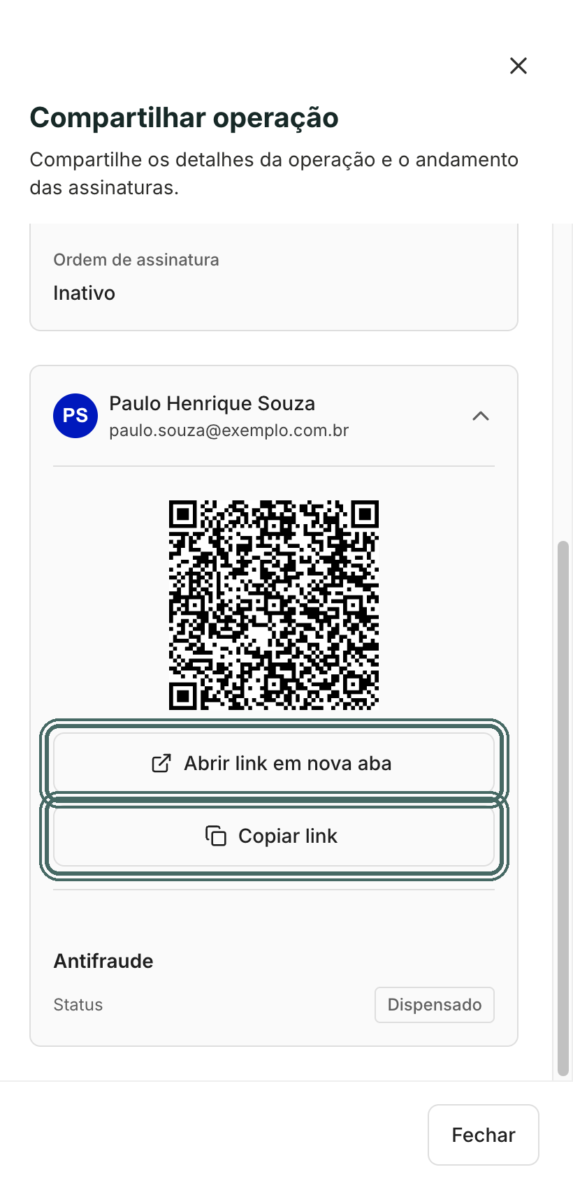 Compartilhar operação mostra, para cada participante, o QR Code, Abrir link em nova aba e Copiar link.
