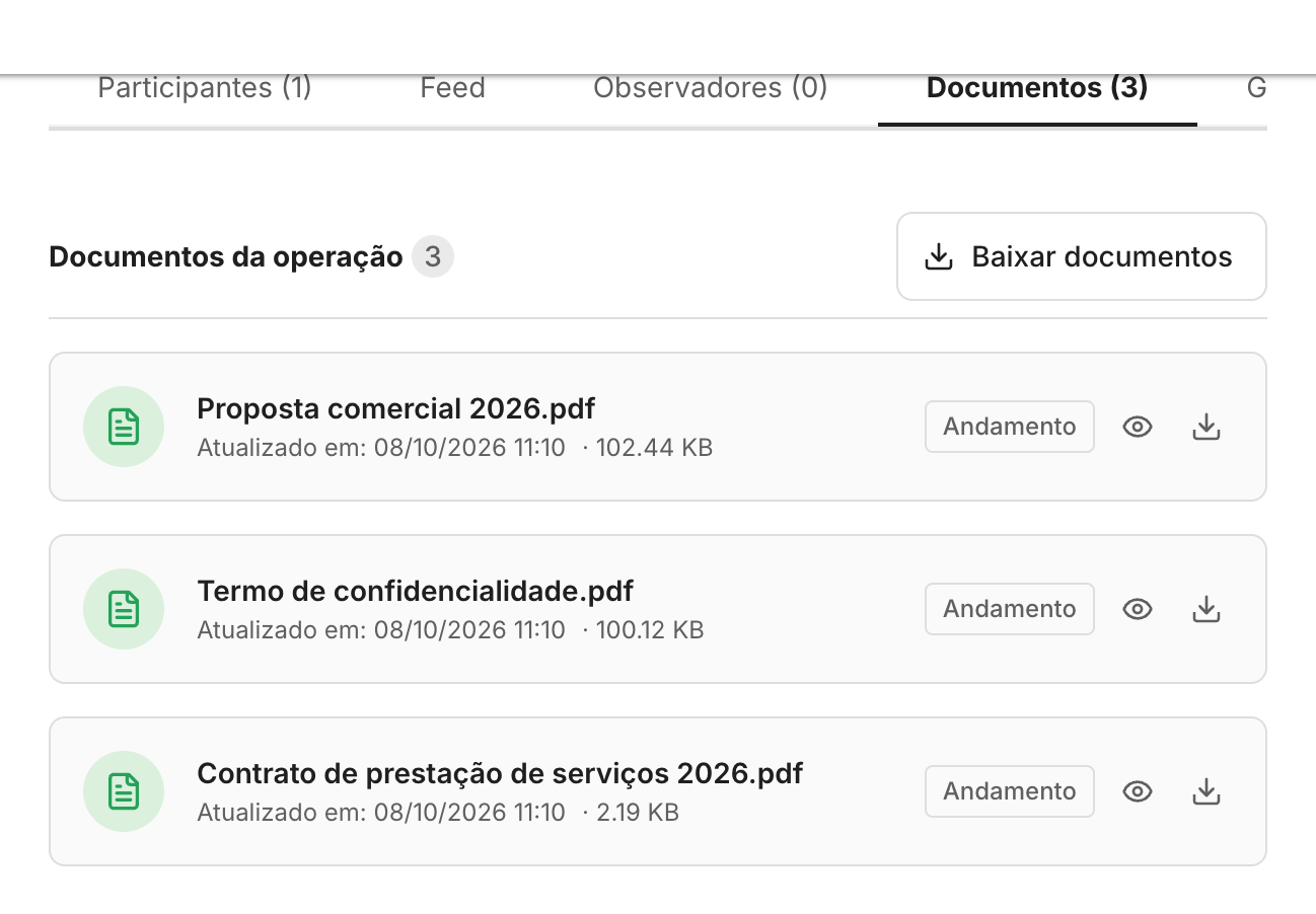 A aba Documentos lista cada arquivo da operação, com os botões para ver e baixar.