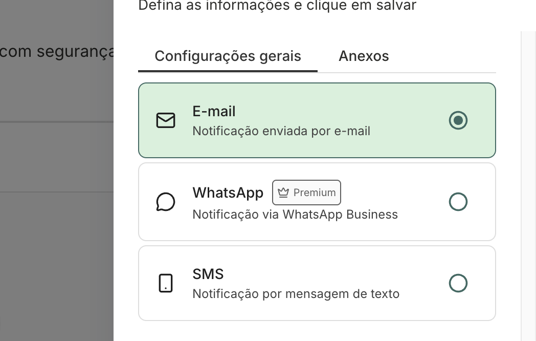 Canal de notificação define por onde o participante recebe o link. E-mail vem marcado.