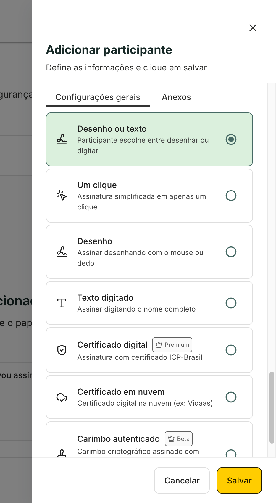 A seção Tipo de assinatura lista as opções. Desenho ou texto já vem marcada.