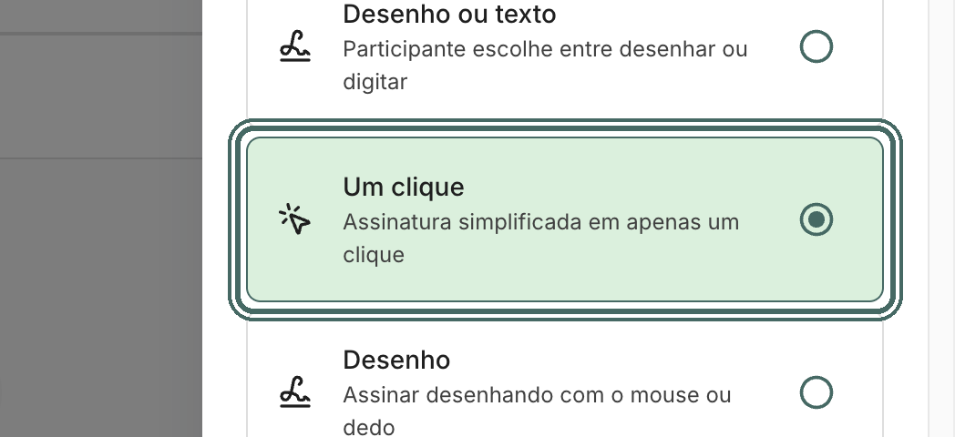Um clique: a pessoa só confirma. Nada é desenhado no PDF.