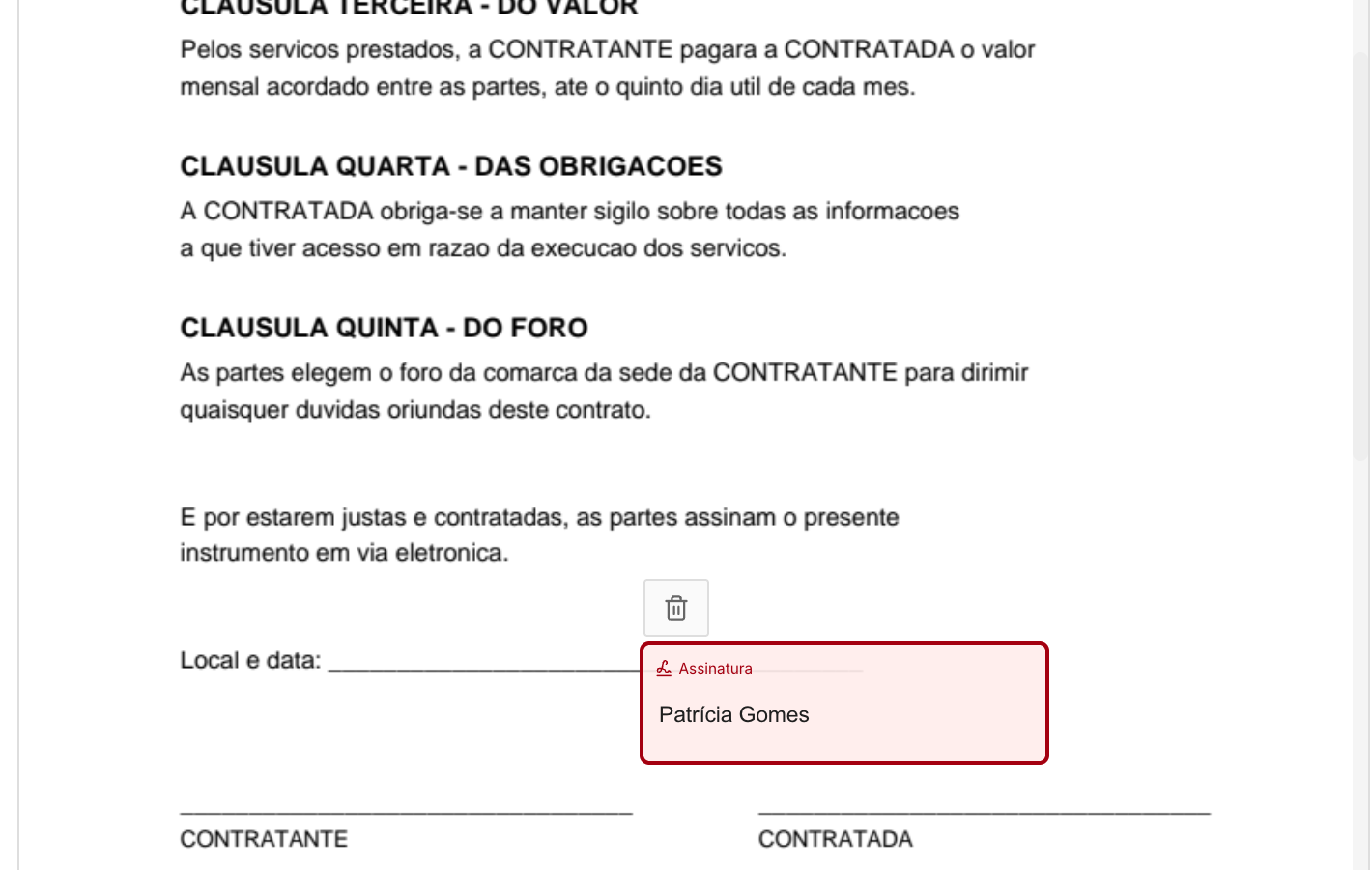 Para Desenho, arraste o campo Assinatura até o ponto do PDF onde ela deve sair.