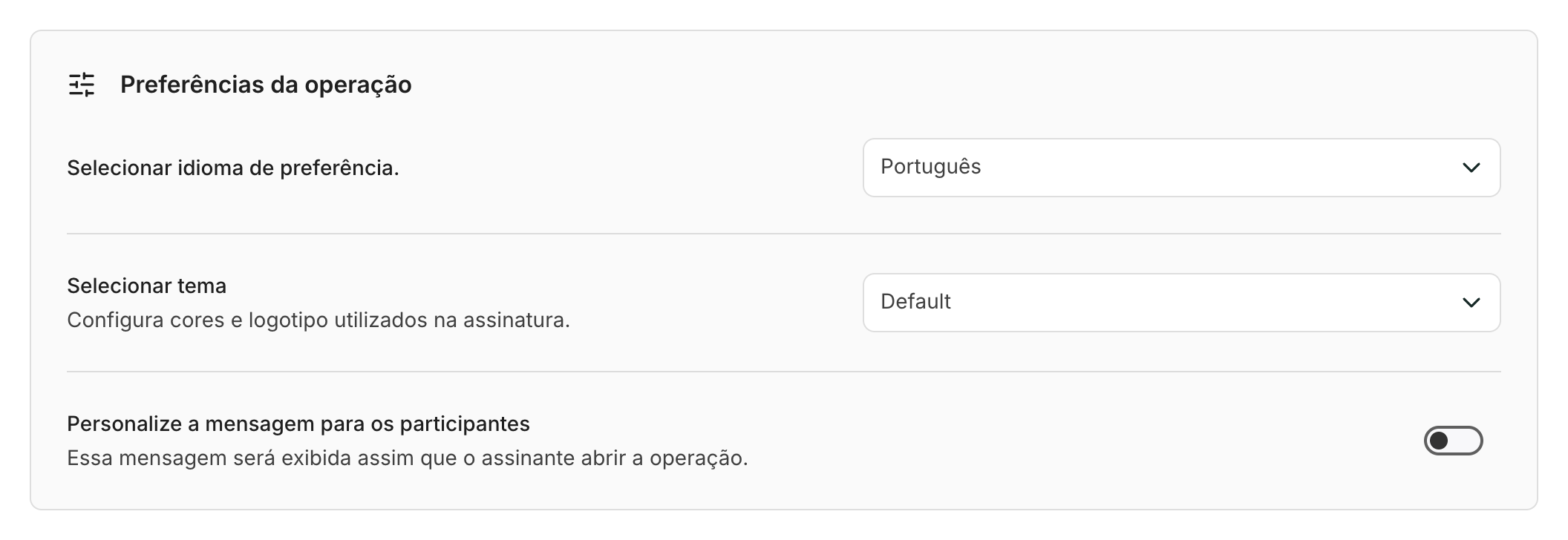 Personalize a mensagem para os participantes fica em Preferências da operação, na etapa Revisar e enviar.