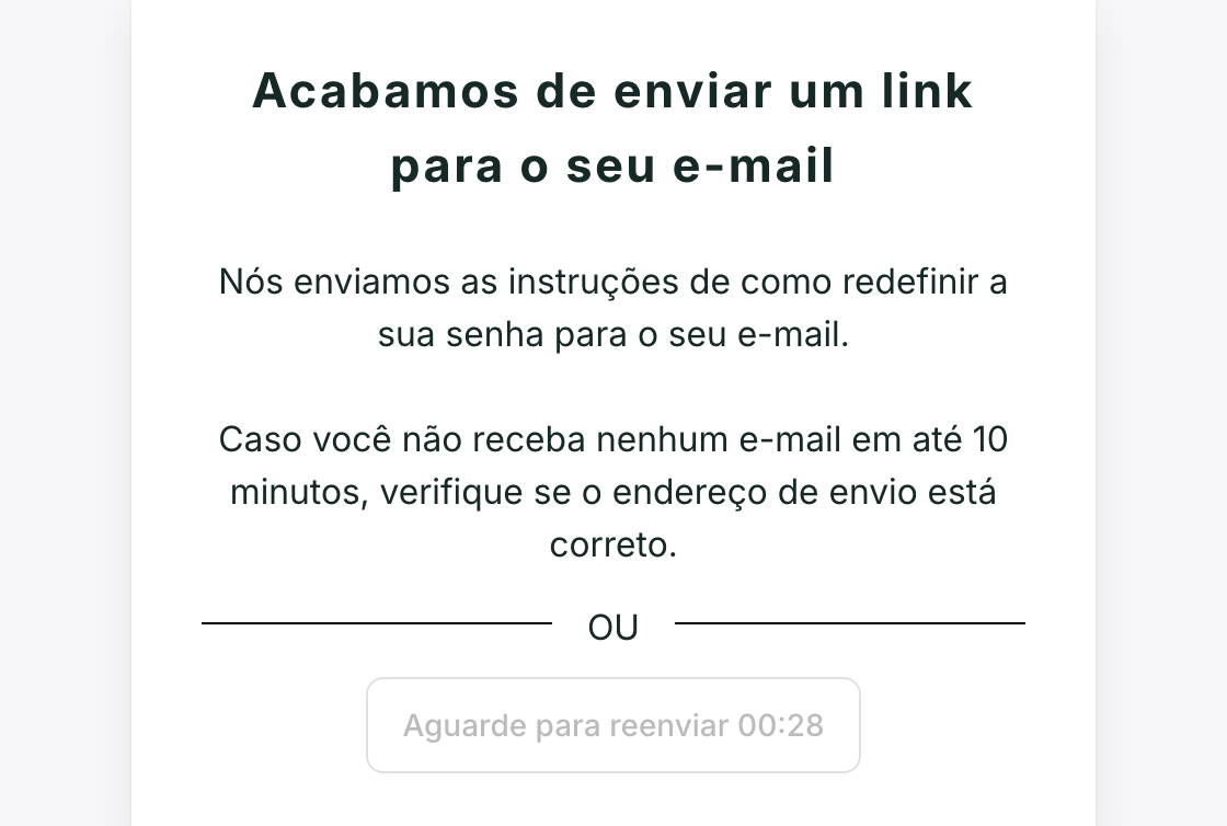 A tela confirma o envio do link para o seu e-mail.
