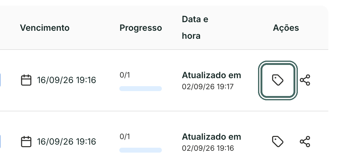 O ícone de etiqueta fica na coluna Ações, em cada linha da lista.