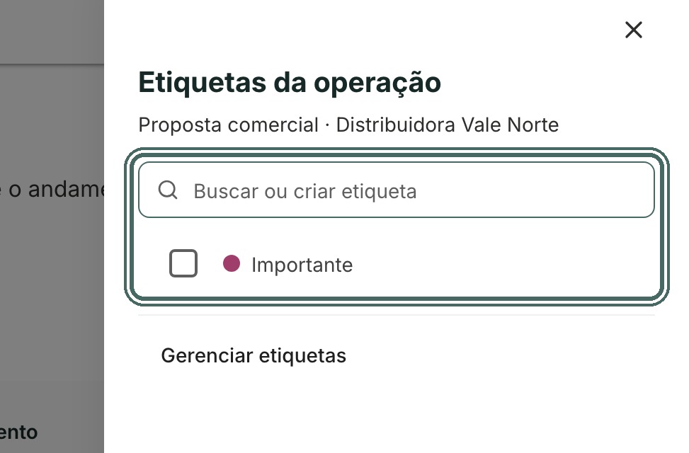 O painel Etiquetas da operação mostra as etiquetas que a empresa já tem e o campo Buscar ou criar etiqueta.